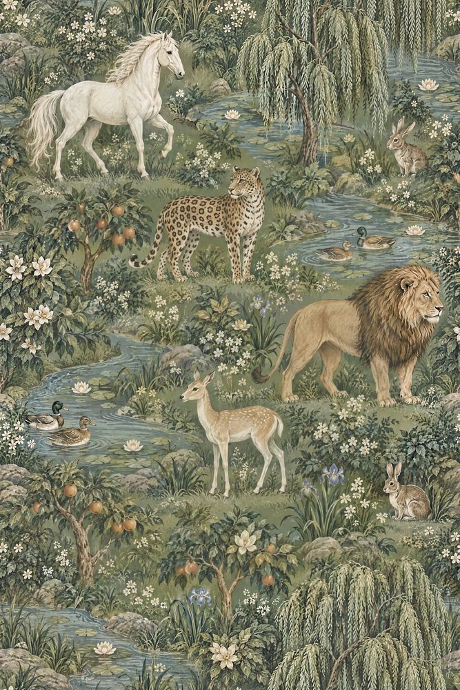 Woodland Animals Wallpaper Muted Green Vintage Botanical pattern artwork
