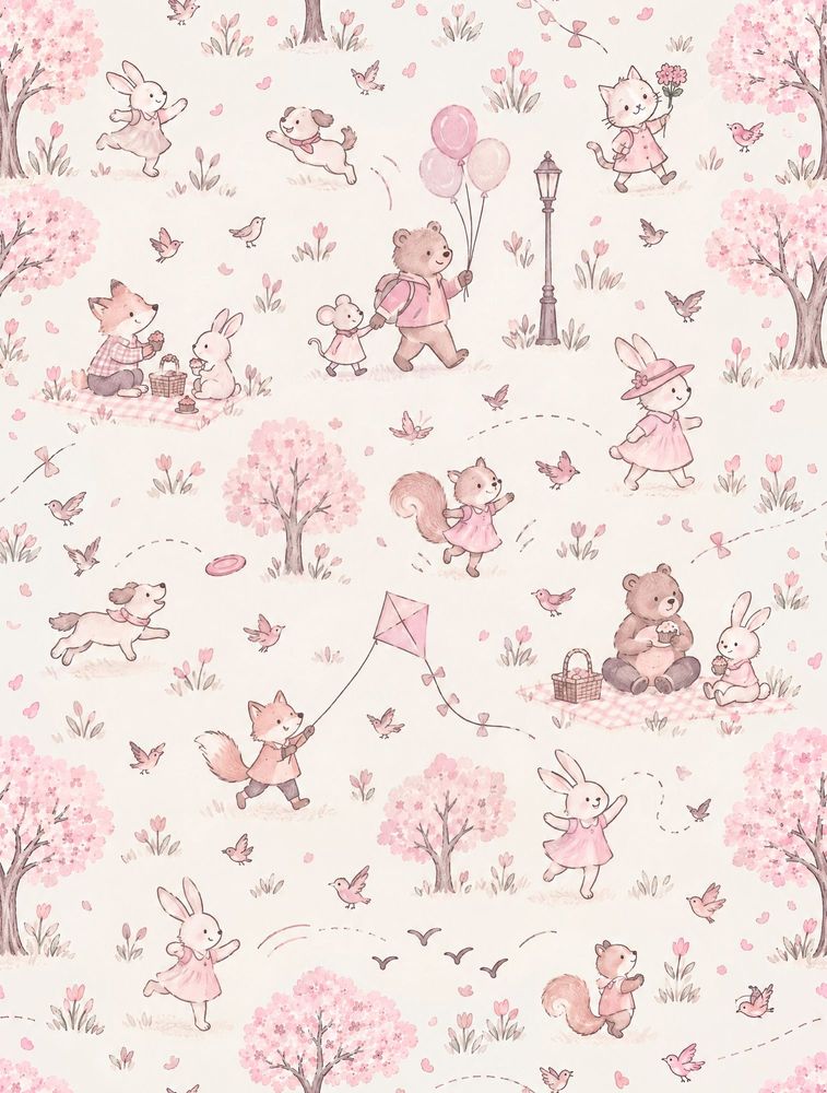Woodland Animals Wallpaper Pink Blossoms Watercolor Pattern pattern artwork