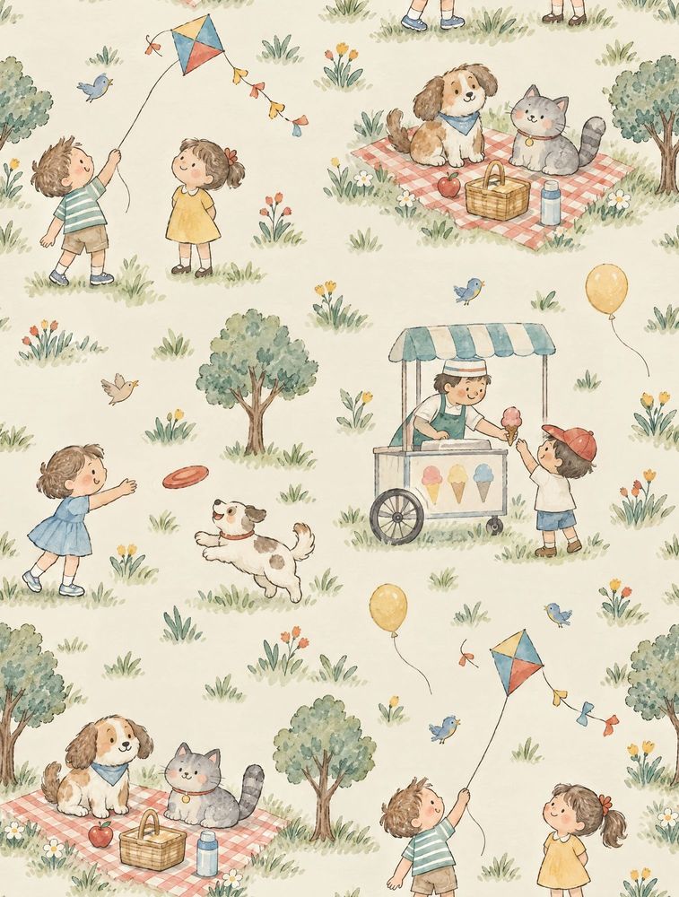Children In The Park Picnic Wallpaper Watercolor Pastel Pattern pattern artwork