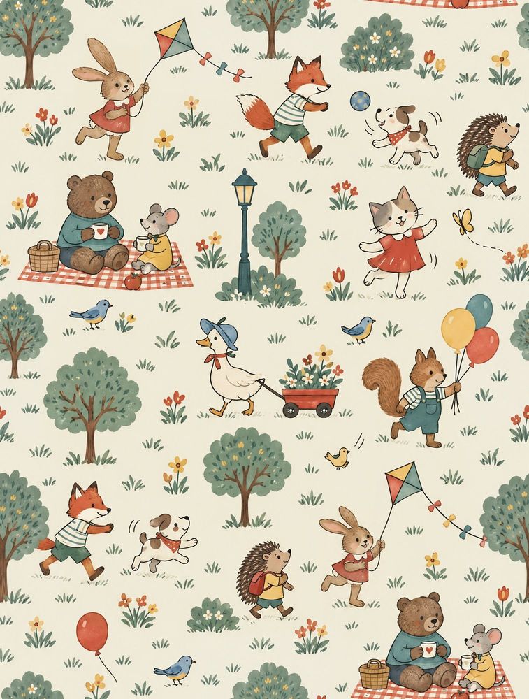 Woodland Animals Wallpaper Muted Green Park Scene pattern artwork