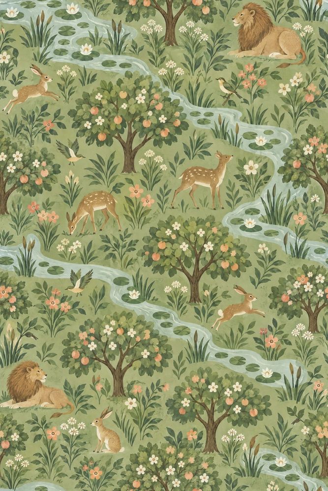 Woodland Wildlife Wallpaper Garden Landscape In Light Green pattern artwork