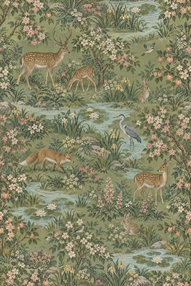 Woodland Deer Wallpaper Vintage Green Garden Pond Scene pattern artwork