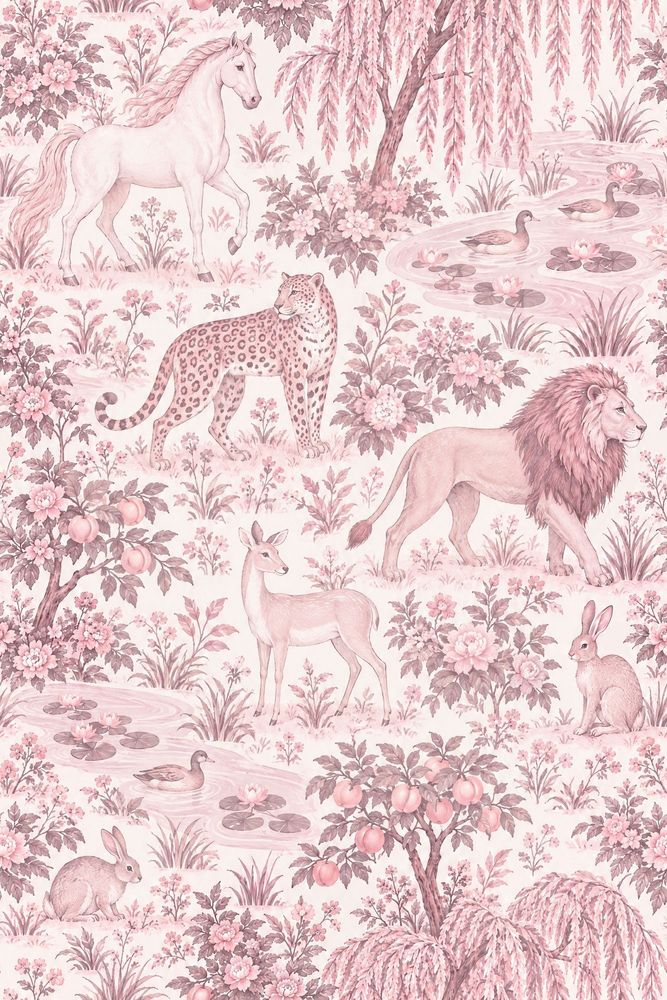 Woodland Animals Pond Wallpaper Vintage Toile On White Background pattern artwork