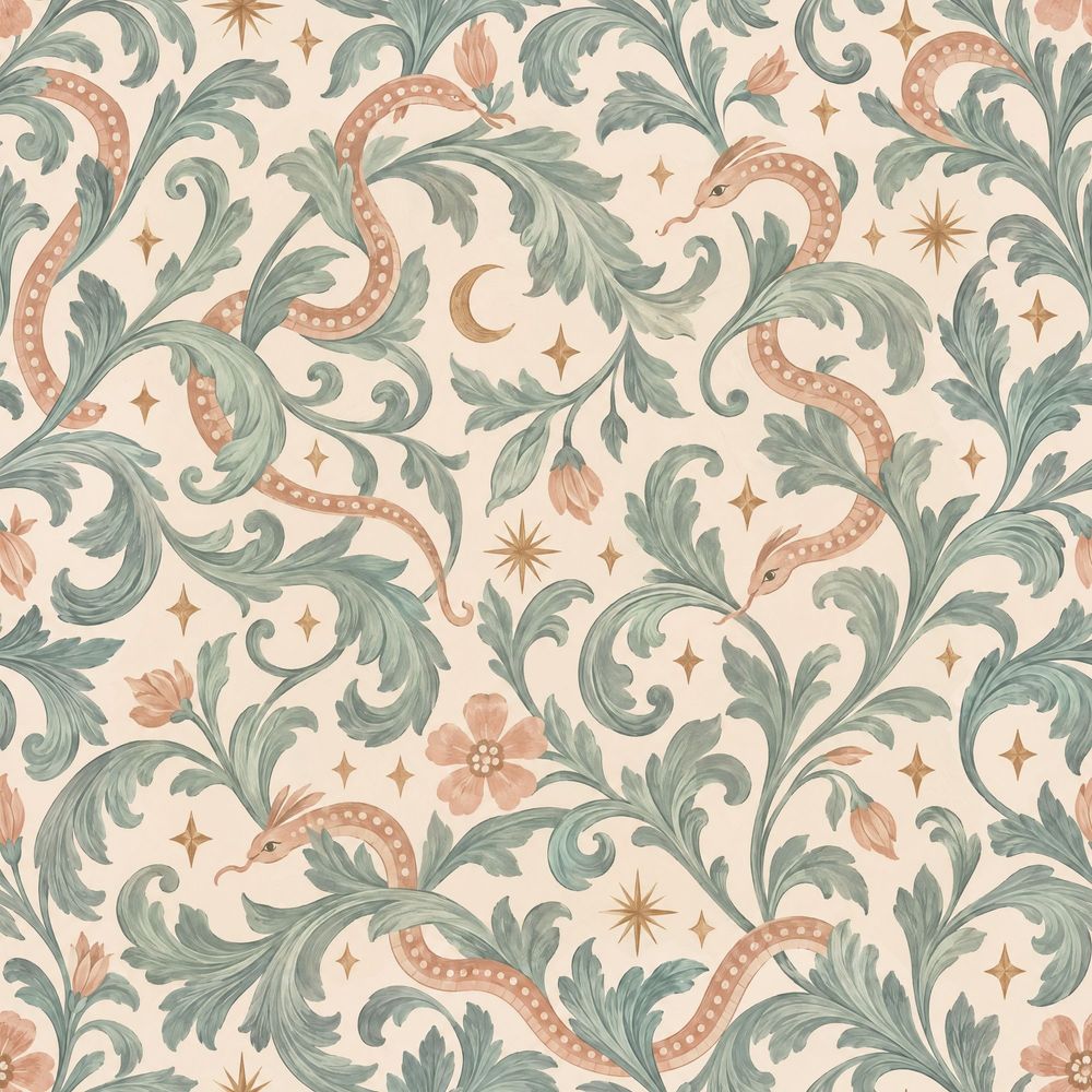 Serpent Botanical Wallpaper Sage Green Vintage Celestial Pattern pattern artwork