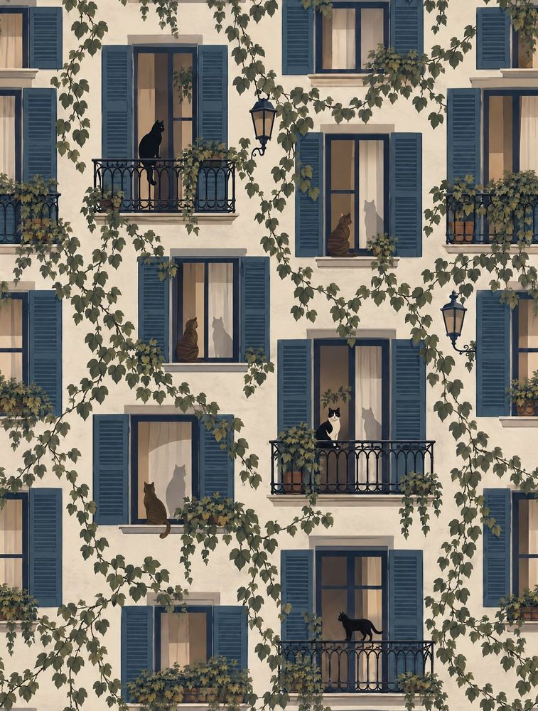 European Facade Wallpaper Blue Shutters Cream Background pattern artwork