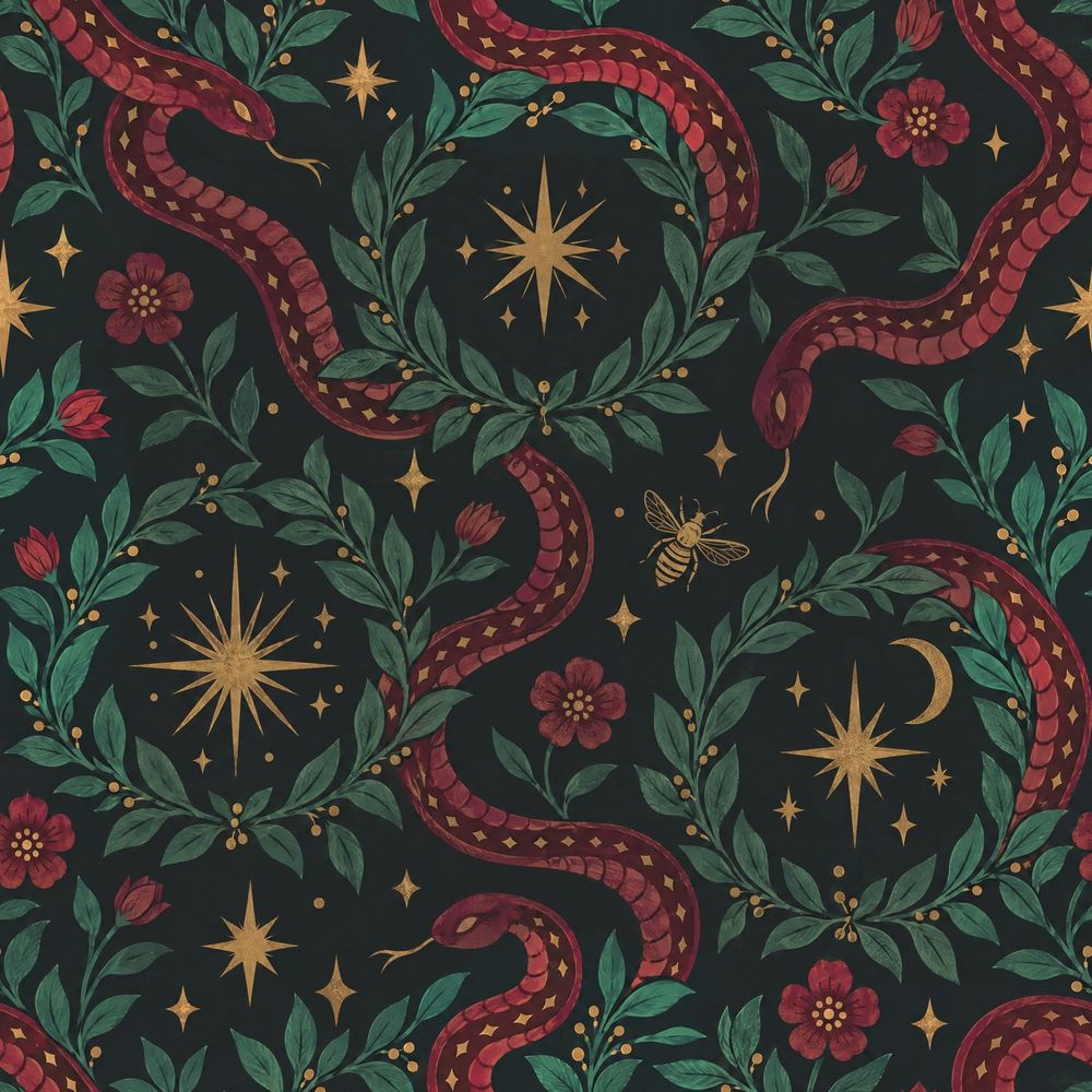 Serpent Floral Wallpaper Dark Botanical Celestial Pattern pattern artwork