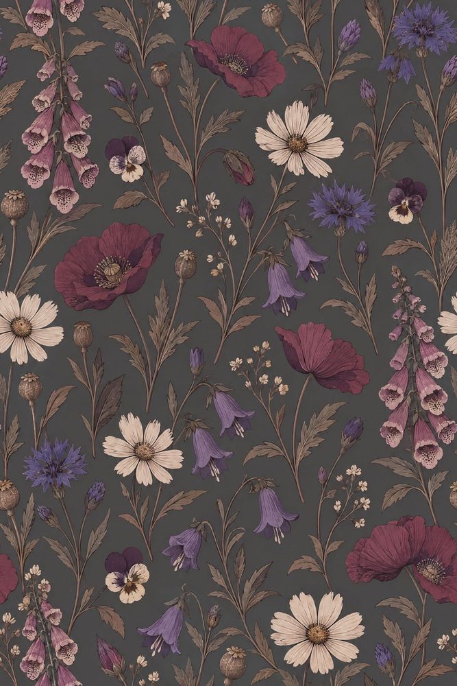 Wildflower Wallpaper Dark Floral Vintage Botanical On Charcoal Gray pattern artwork