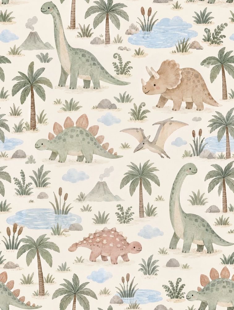 Watercolor Dinosaur Landscape Wallpaper Pastel Cream And Sage Green pattern artwork