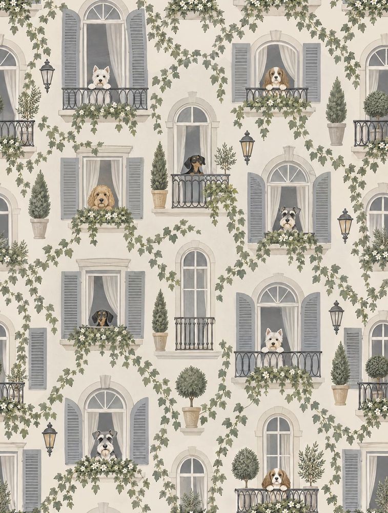 French Apartment Facade Wallpaper Arched Windows And Dogs pattern artwork