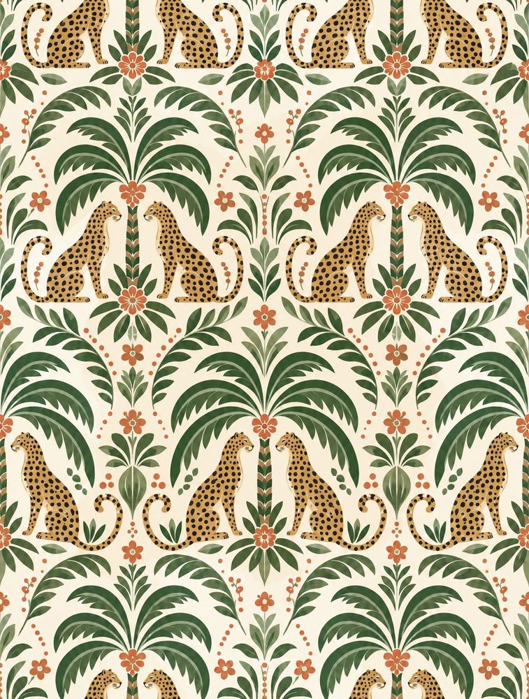 Leopard Wallpaper Tropical Palm Leaves On Cream Background pattern artwork