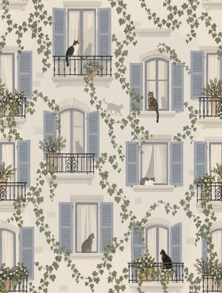 Paris Apartment Windows Wallpaper Cats And Ivy Pattern pattern artwork