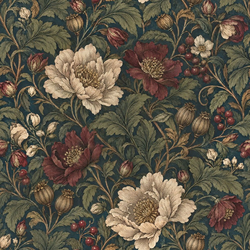 Botanical Floral Wallpaper Dark Teal Vintage Pattern pattern artwork