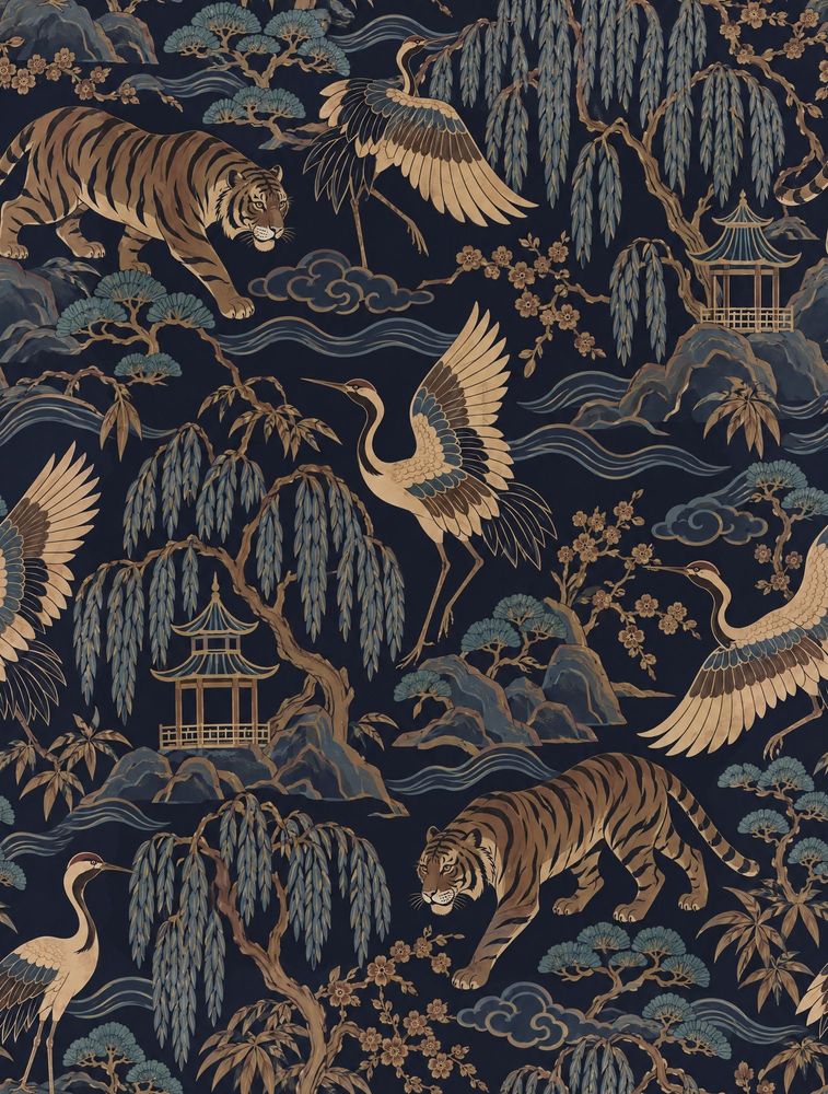 Tiger And Crane Wallpaper Dark Chinoiserie Scenic Pattern pattern artwork
