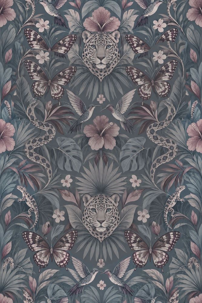 Tropical Wildlife Wallpaper Maximalist Teal Blue Botanical Pattern pattern artwork