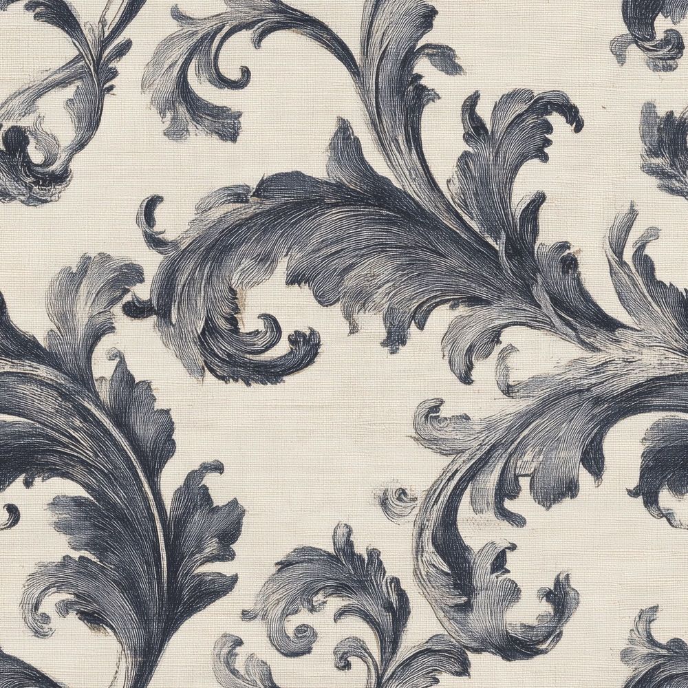Acanthus Leaves Wallpaper Damask Scrollwork In Cream And Navy pattern artwork