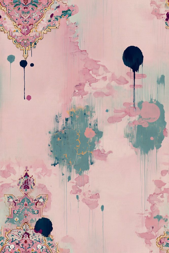 Abstract Watercolor Wallpaper Pink With Teal Ink Drips pattern artwork