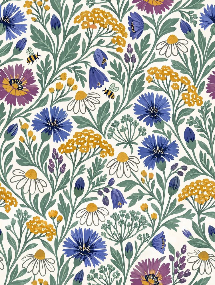Wildflower And Bee Wallpaper Blue Purple Floral On White Background pattern artwork