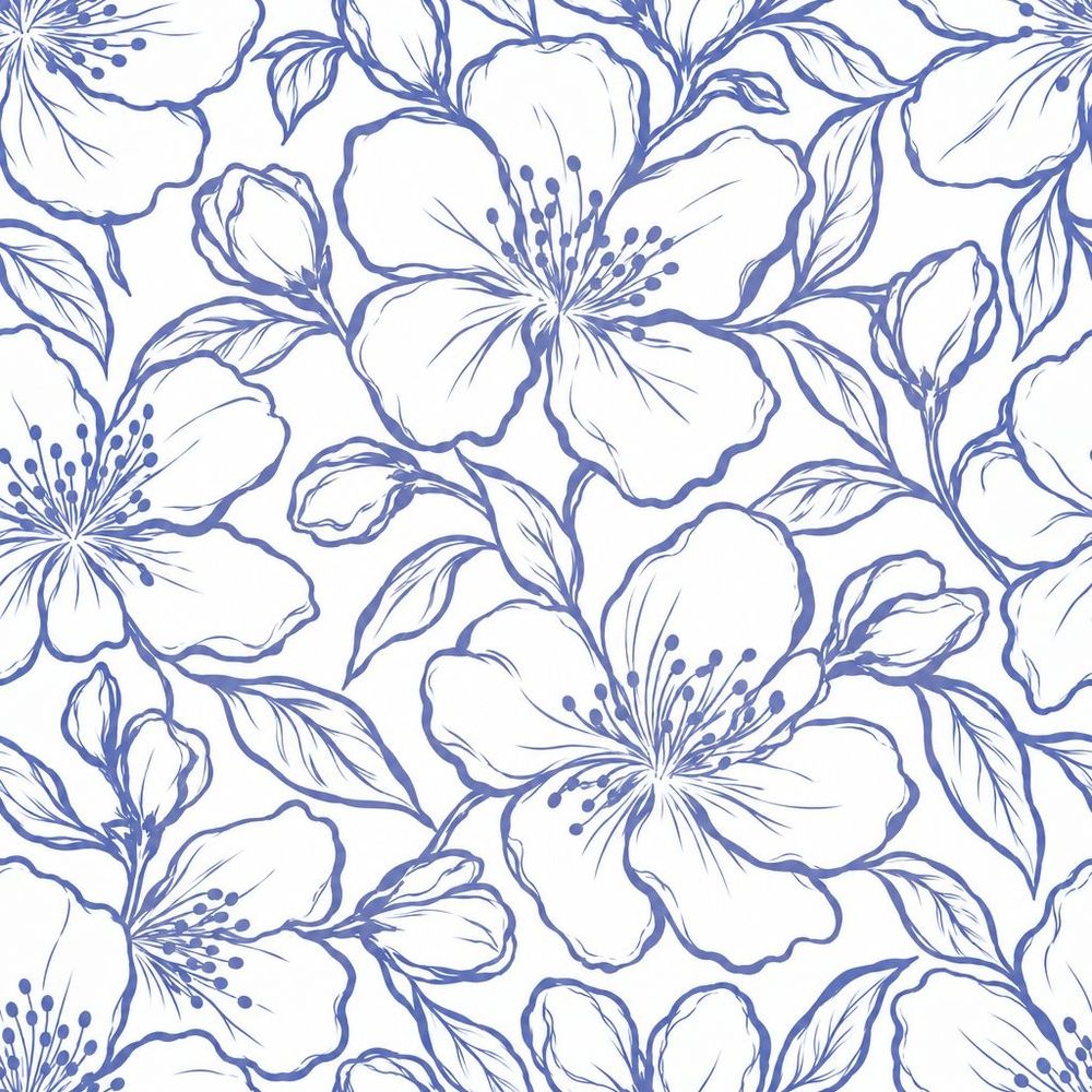 Large Floral Line Art Wallpaper Blue And Indigo On White Background pattern artwork