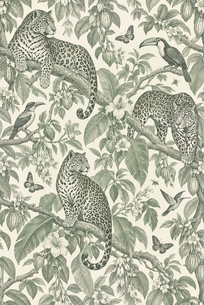 Jaguar And Toucan Wallpaper Vintage Tropical Toile In Sage Green pattern artwork