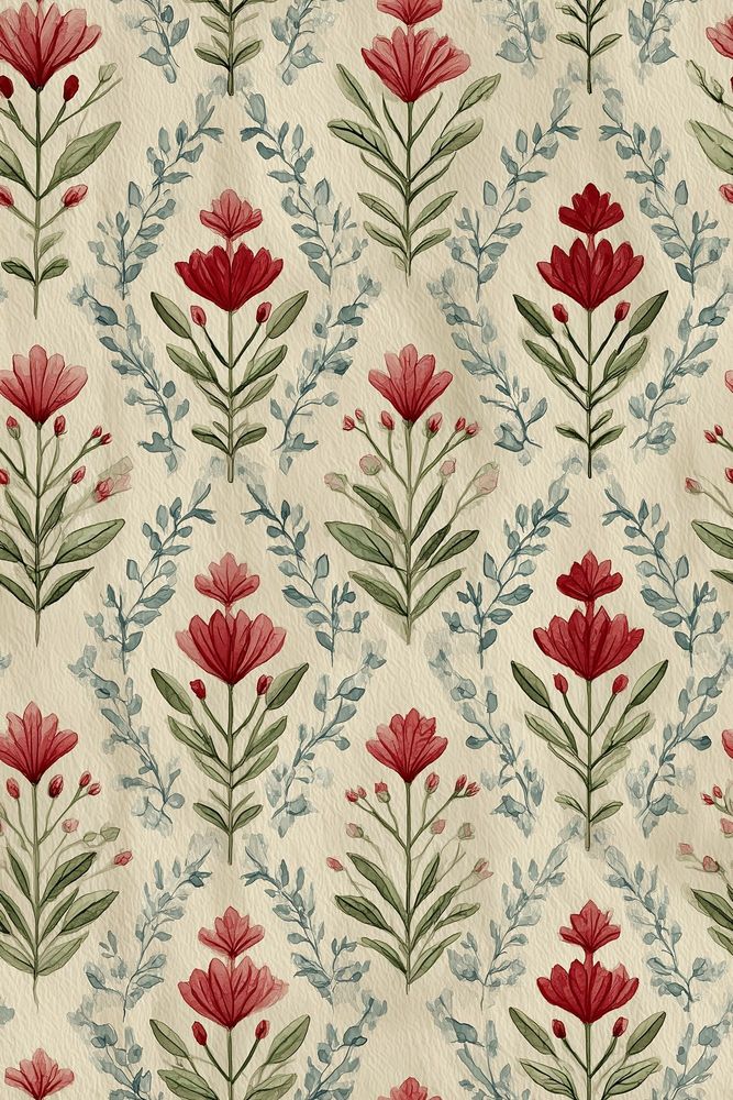 Red Flower Wallpaper Watercolor Botanical On Cream Background pattern artwork