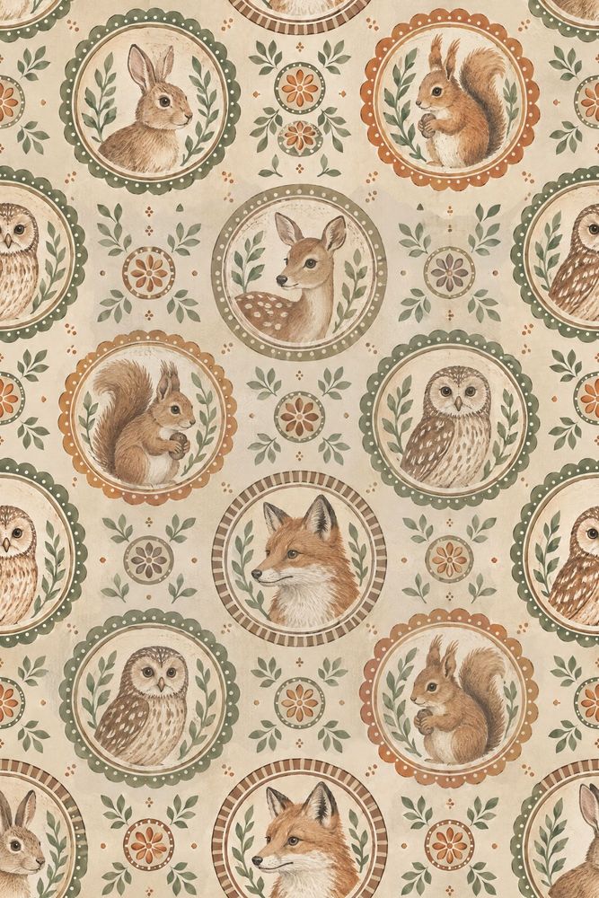 Woodland Animals Wallpaper Watercolor Medallions On Beige Background pattern artwork