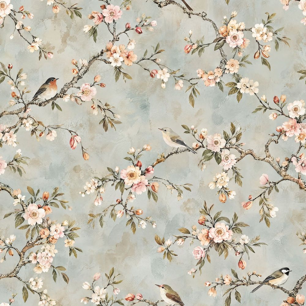 Cherry Blossoms And Birds Wallpaper Chinoiserie Garden In Light Blue pattern artwork