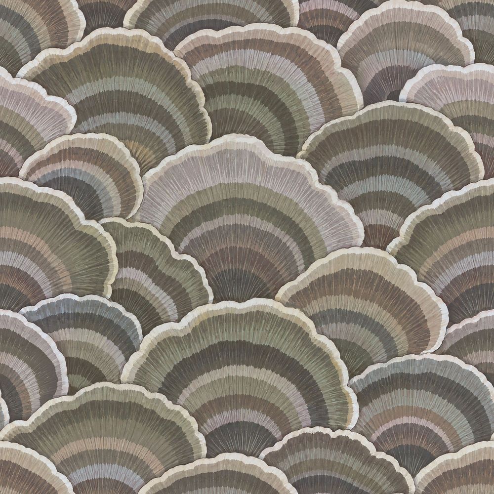 Overlapping Fan Scallops Wallpaper Muted Gray Taupe Olive pattern artwork