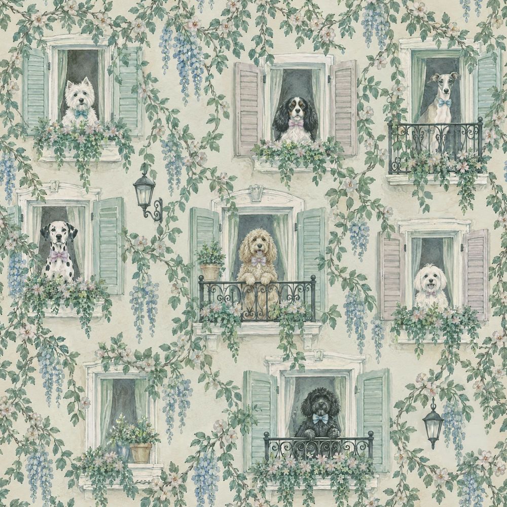 Balcony Dogs And Flowered Windows Wallpaper Pastel Watercolor pattern artwork