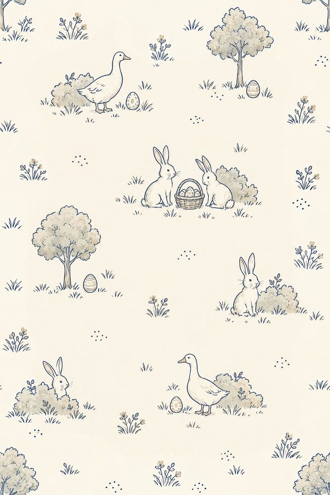Rabbits And Ducks Easter Eggs Wallpaper Cream Toile pattern artwork