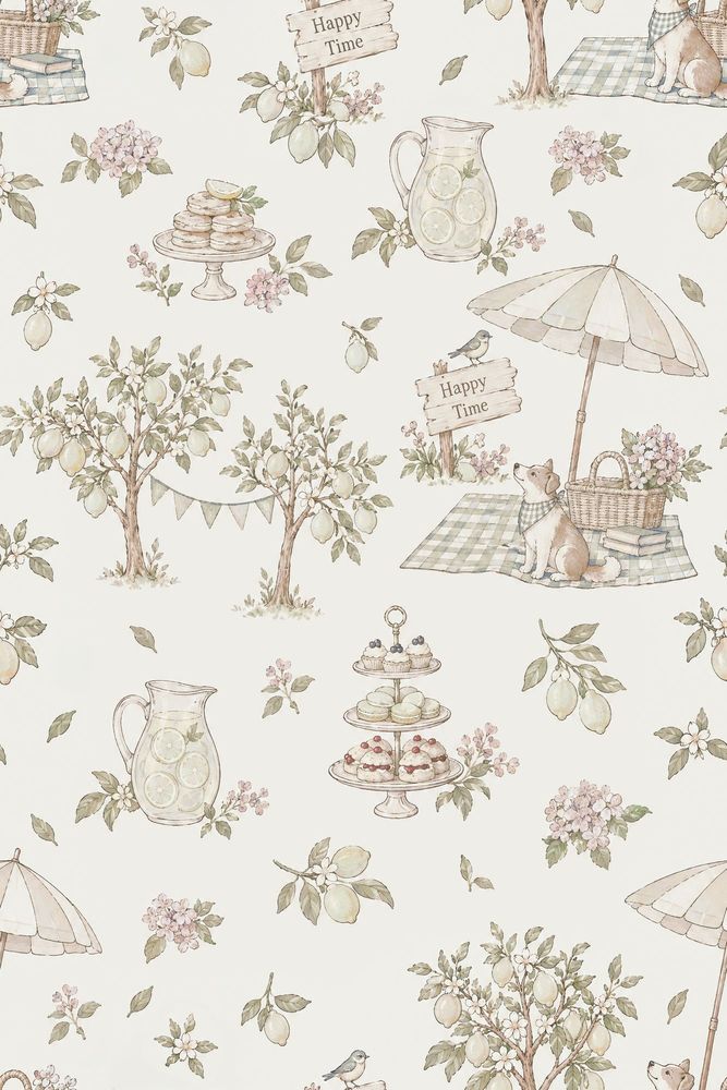 Lemon Garden Picnic Wallpaper Pastel Watercolor pattern artwork
