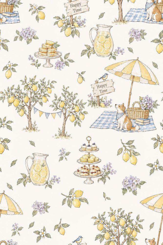 Lemon Garden Picnic Wallpaper Watercolor Gingham pattern artwork
