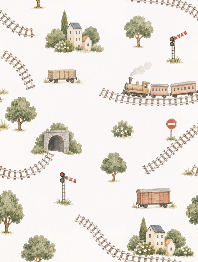 Steam Train Railway Scene Wallpaper White Background Pastel Watercolor pattern artwork