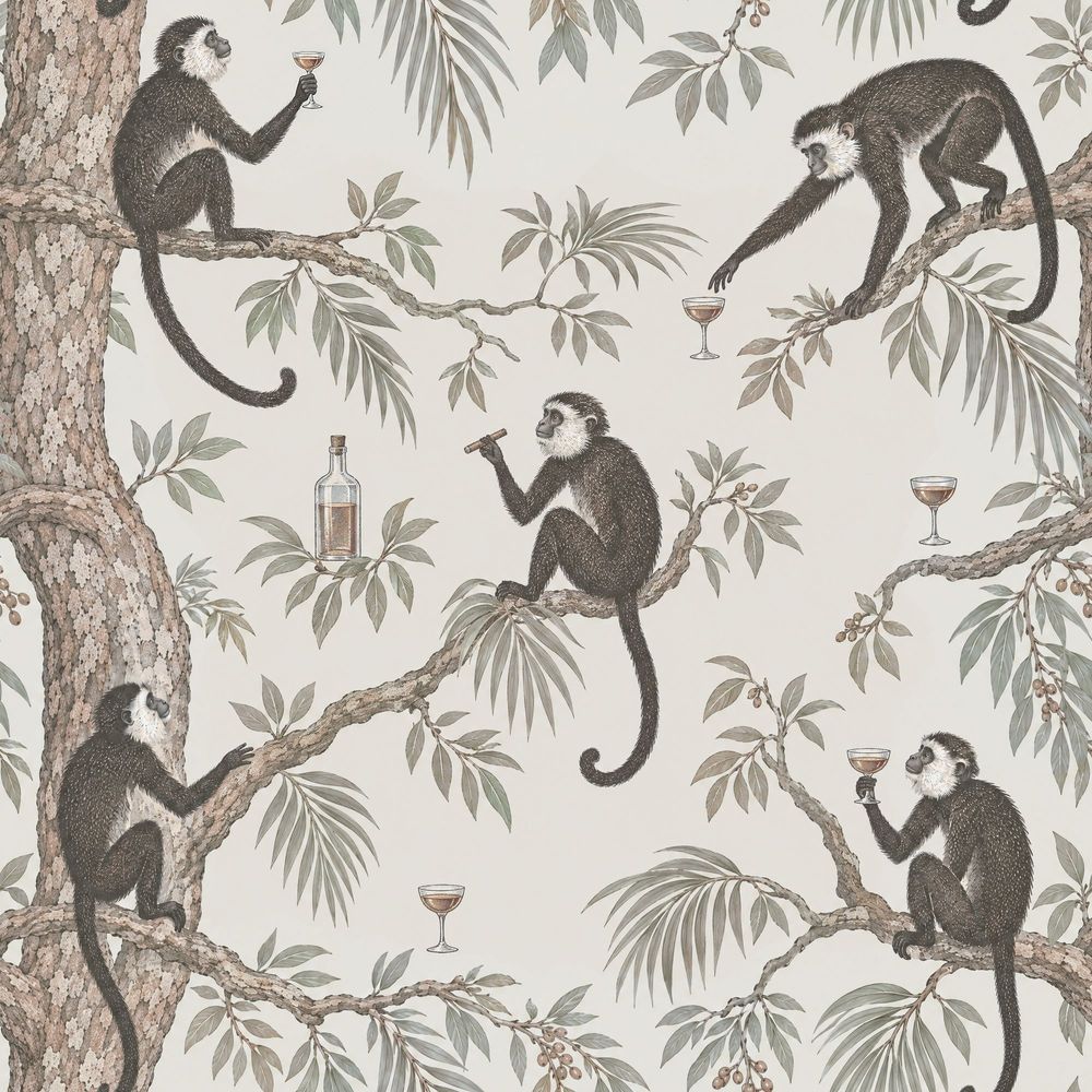 Monkeys And Tropical Branches Wallpaper Muted Green Vintage Botanical pattern artwork
