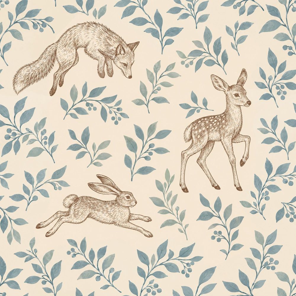 Fox Deer And Rabbit Wallpaper Vintage Woodland Toile Cream pattern artwork