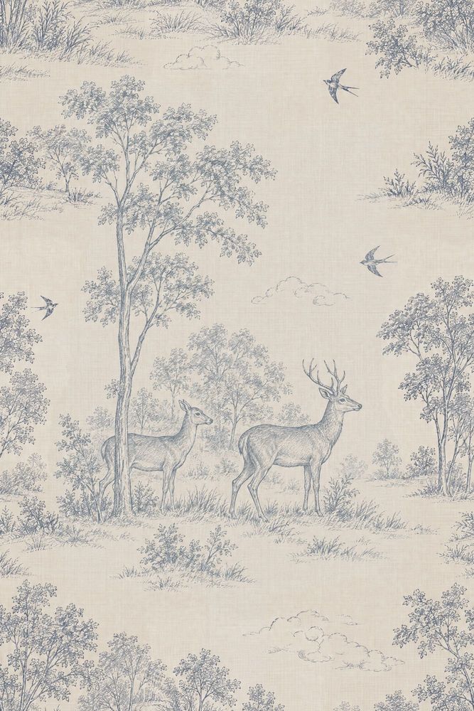 Deer And Birds Toile Wallpaper Blue And Cream Woodland Scene pattern artwork