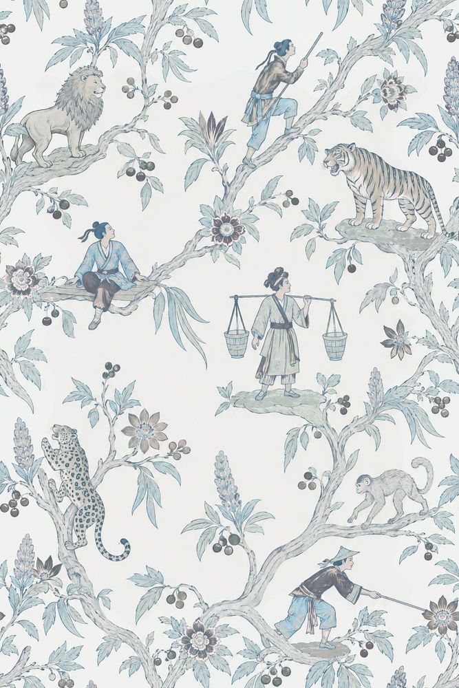 Chinoiserie Figures And Big Cats Wallpaper White Background pattern artwork
