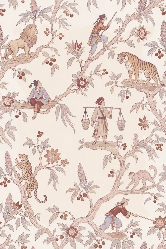 Exotic Animals And East Asian Figures Wallpaper Chinoiserie Toile Ivory pattern artwork
