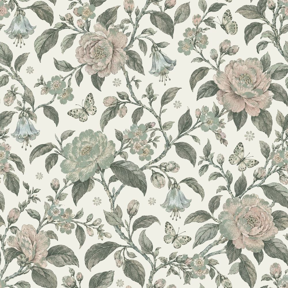 Peony And Butterfly Wallpaper Vintage Sage Green Floral pattern artwork