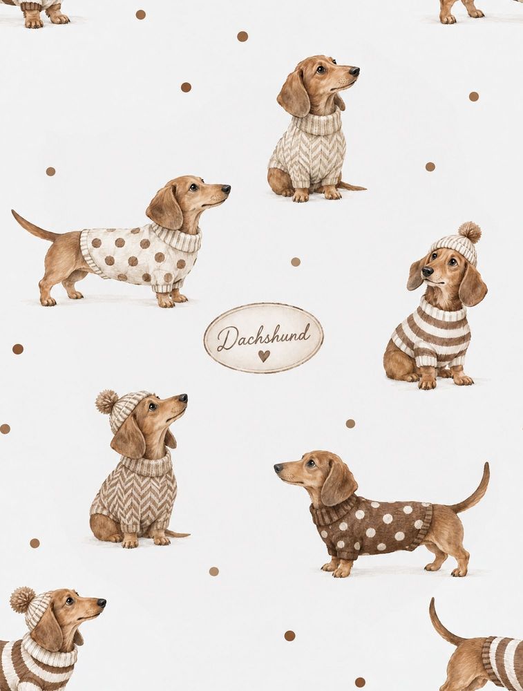 Dachshund Dogs In Knit Sweaters Wallpaper White Background pattern artwork