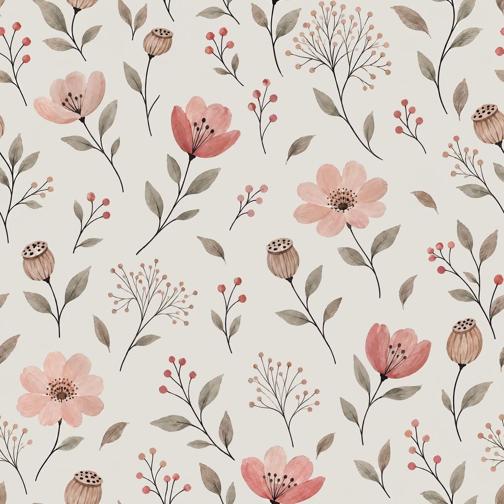 Pink Watercolor Flowers Wallpaper Cream Botanical pattern artwork