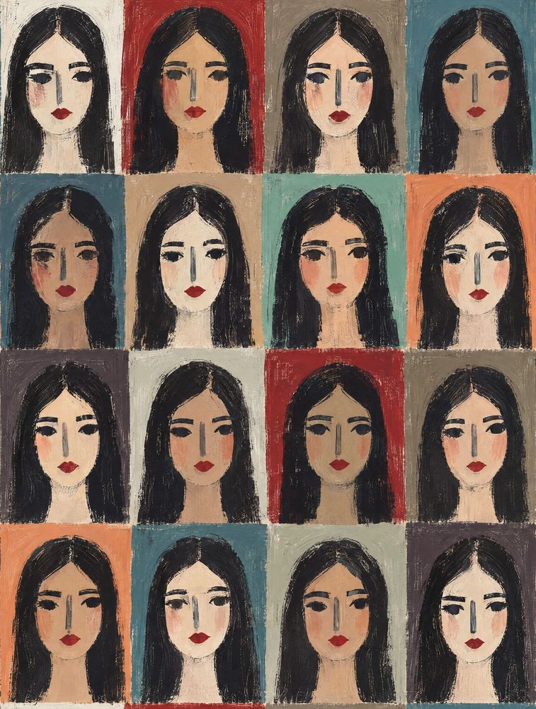 Repeated Female Portraits Wallpaper Color Block Grid pattern artwork