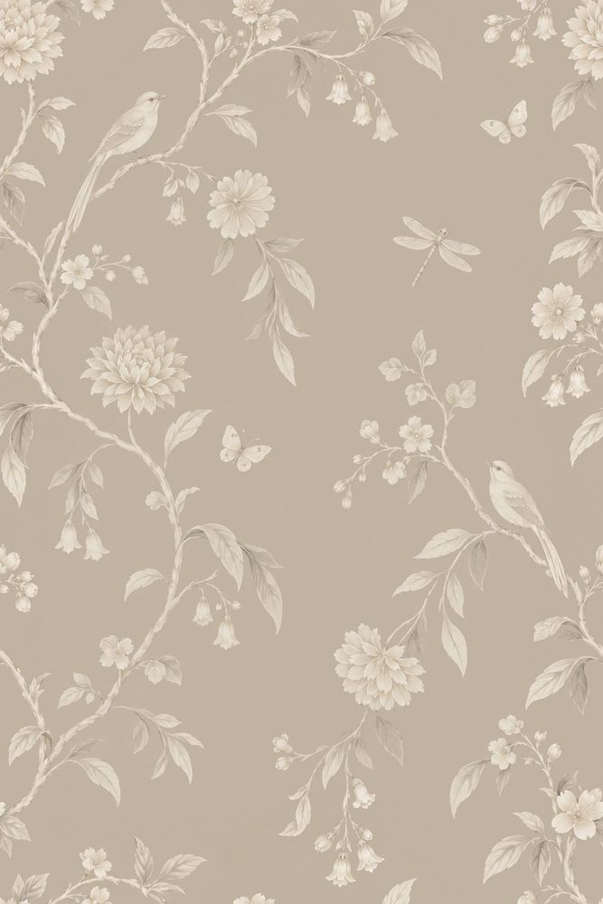 Birds And Butterflies Wallpaper Chinoiserie Botanical In Beige Ivory pattern artwork