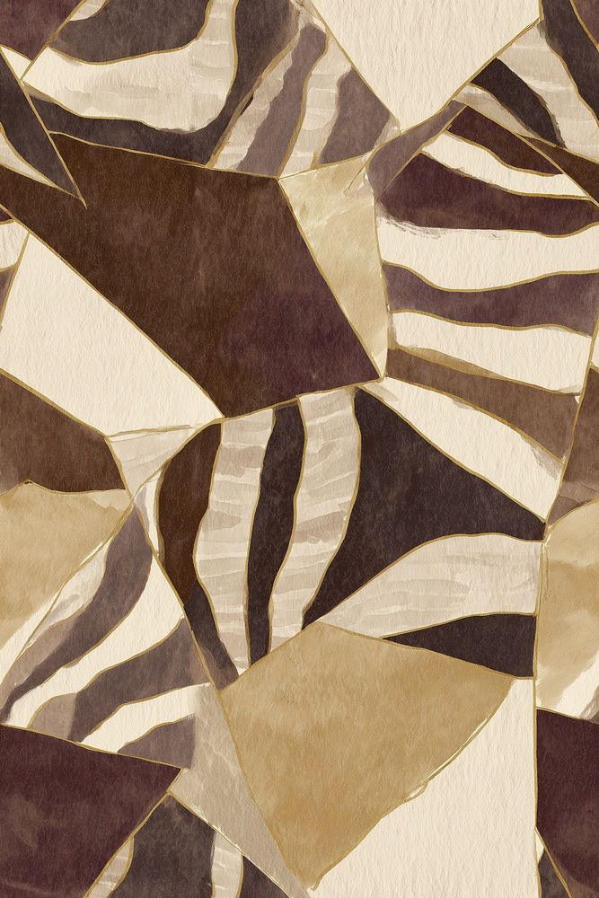 Abstract Geometric Wallpaper Brown Cream Mosaic With Gold Outlines pattern artwork