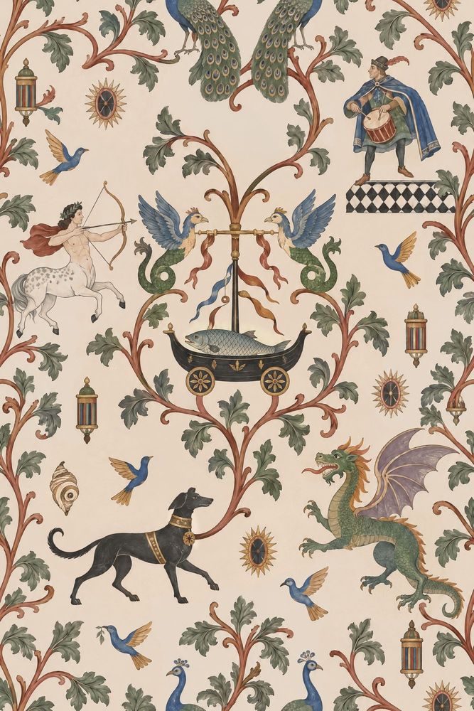 Mythical Creatures And Birds Wallpaper Muted Green Ornamental Pattern pattern artwork