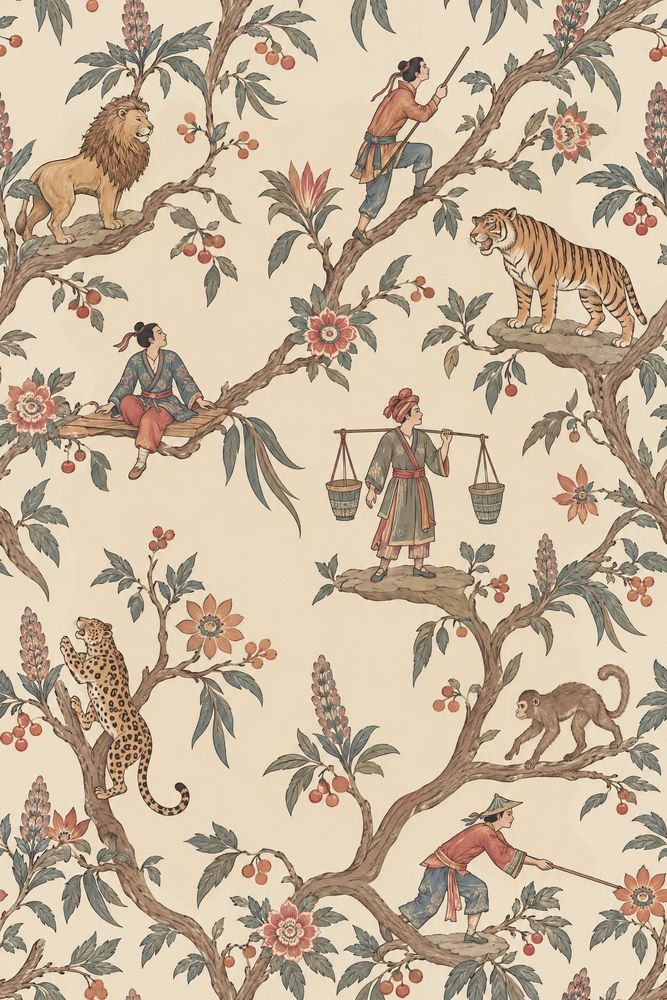 Chinoiserie Figures And Exotic Animals Wallpaper Cream Background pattern artwork