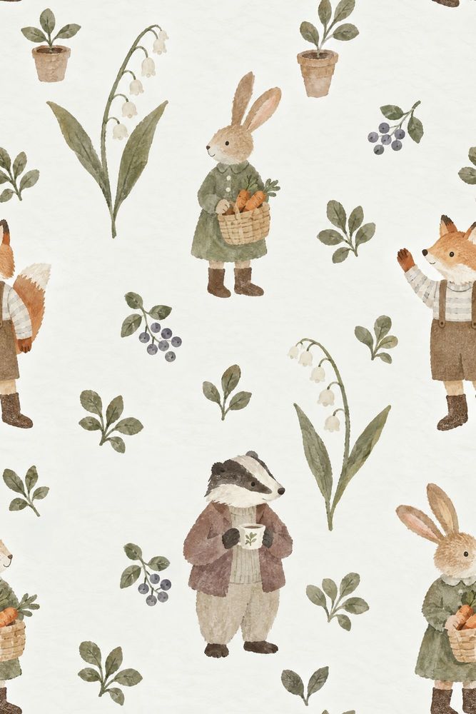 Woodland Animals Wallpaper Watercolor Cottagecore Pattern pattern artwork