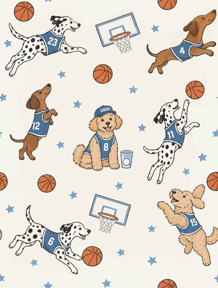 Basketball Dogs Wallpaper Blue Jerseys Cream Background pattern artwork
