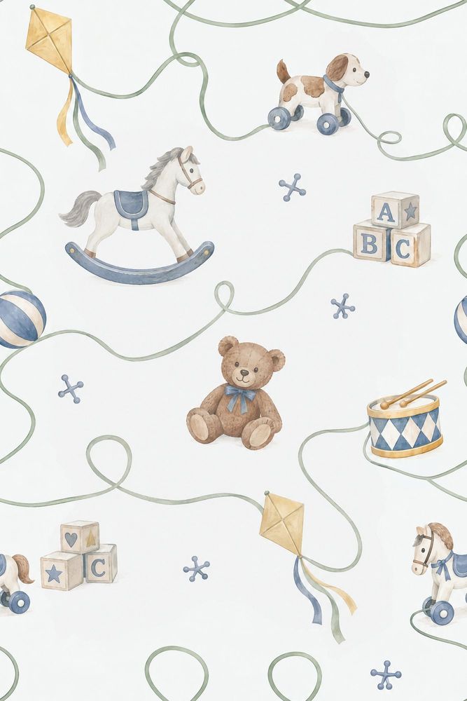 Vintage Toys Wallpaper Watercolor Pastel On White Background pattern artwork