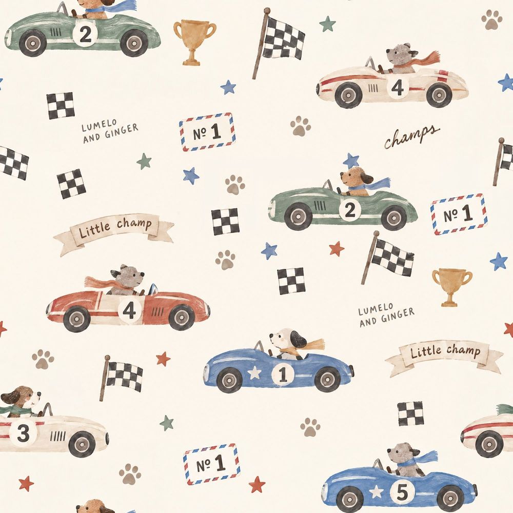 Race Cars And Dogs Wallpaper Watercolor Checkered Flag Pattern pattern artwork
