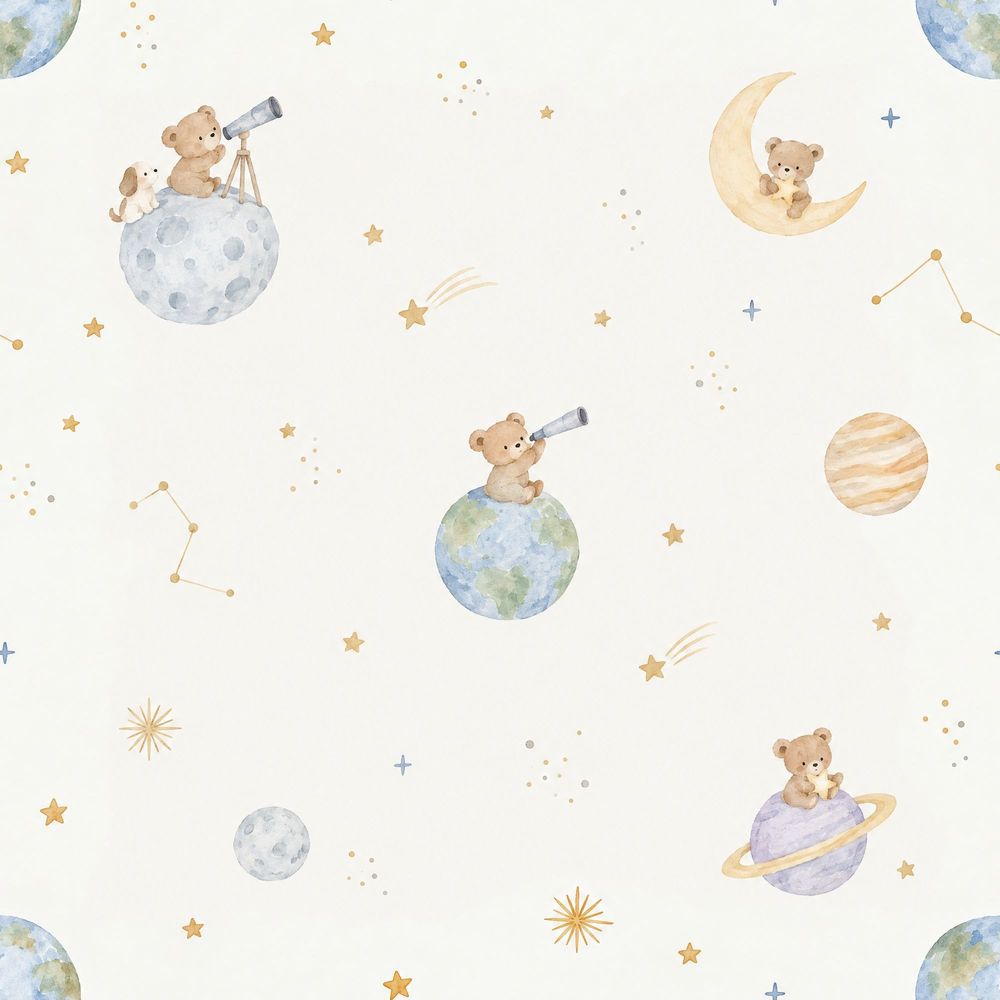 Teddy Bears Space Wallpaper Cream Background pattern artwork